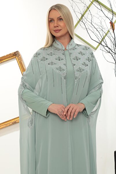 MİSS DİAMOND Stylish Stone Embroidered Mint Mint Abaya Dress