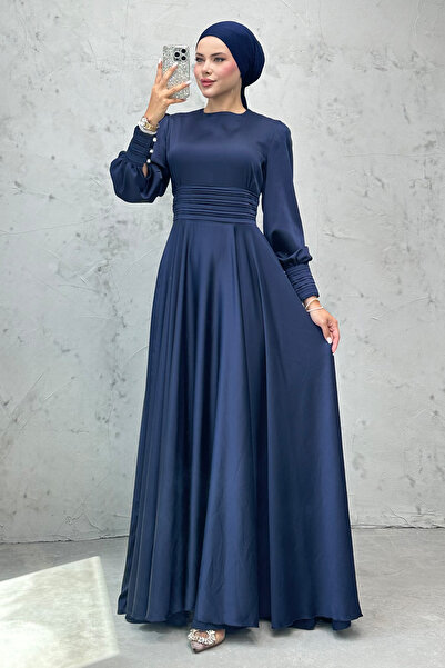 Lamia Giyim Beli Pileli Saten Abiye Lacivert
