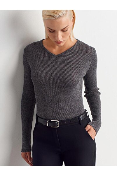 Dilvin 10803 V-Neck Silvery Knitwear Sweater