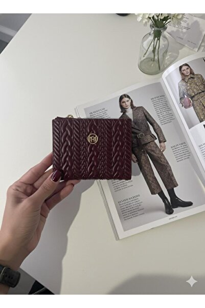 mirakuş Burgundy Embossed Knitted Patterned Medium Size Zippered Card Holder Wallet