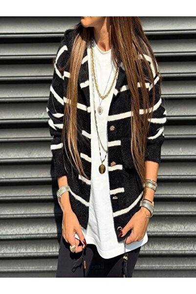 Özgürbutik Hooded Striped Jacket Cardigan