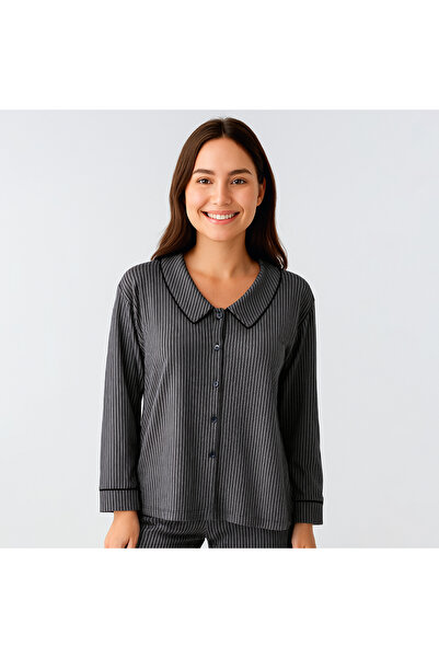 Penelope Cozy Collar Bebe Buttoned Viscose Pajama Set - Black/Xl