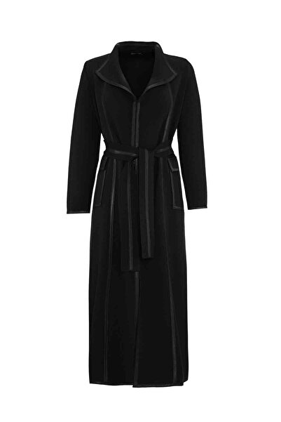 MISS DALIDA Deri Şerit Detaylı Triko Siyah Hırka