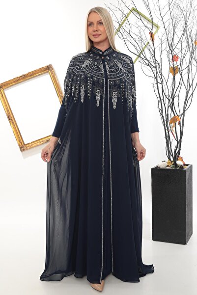 MİSS DİAMOND Zarif Taş İşlemeli Lacivert Abaya Elbise