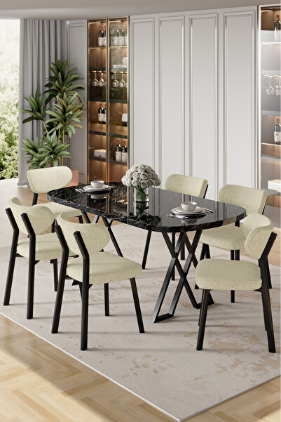 Canisa Axton Serisi Sabit Mdf 90x168 Siyah Mermer Desen Mutfak Masa Takımı 6 ...