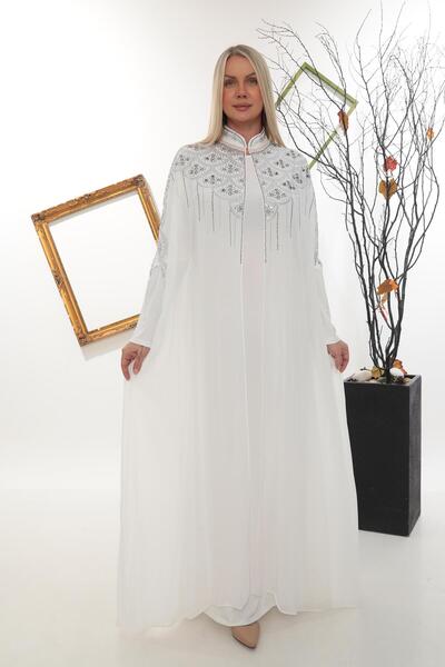 MİSS DİAMOND Yakası Taş İşlemeli Beyaz Abaya Ferace Elbise