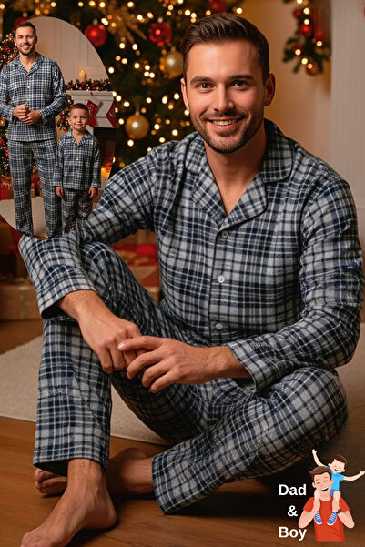 Zekalya Father and Son (Sold Separately) Checkered Plaid Pattern Suede Fabric Gray Pajama Set