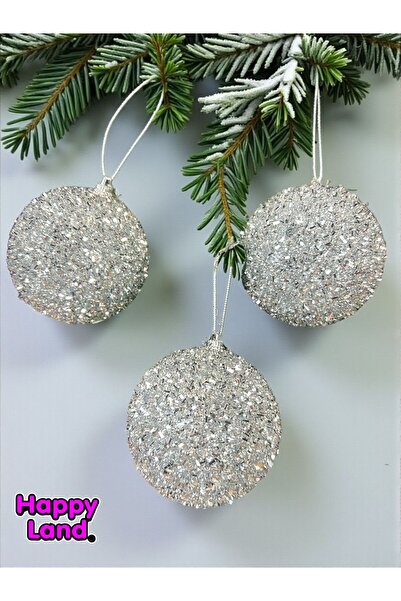 Happyland Christmas Pine Tree Ornament 3 Pieces Silver Sequin Glitter Large Size New Year Ball Hpy26043
