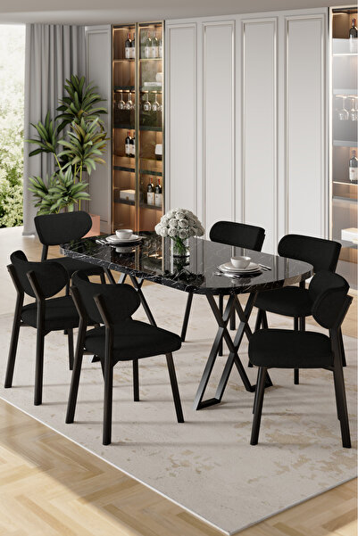 Canisa Axton Serisi Sabit Mdf 90x168 Siyah Mermer Desen Mutfak Masa Takımı 6 ...