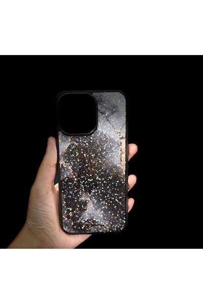 Case IPHone 15 Promax Simli Taşlı Parlak Siyah taşlı kılıf