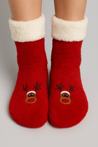 ZENGİN 1 чифт меки плюшени коледни дамски домашни чорапи с бродерия на елен