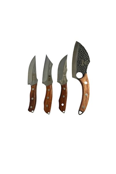 RABY Set of 4 professional hunting & fishing knives, coshop, ergonomic wooden handle, carbon steel, sheat