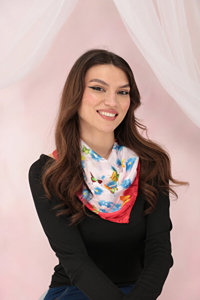 Trend Land Esarfa patrata satinata cu bordura rosie si imprimeu fluturi