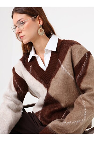 Benin Πλεκτό πουλόβερ με λαιμόκοψη σε σχήμα V - Ανοιχτό καφέ -