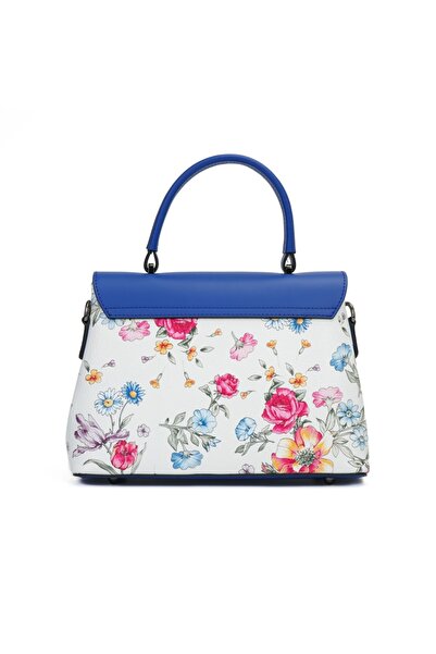 Posete Fagaras Alana Leather Purse - Blue Floral, 2 Compartments, 4 Pockets, Non-Adjustable Strap