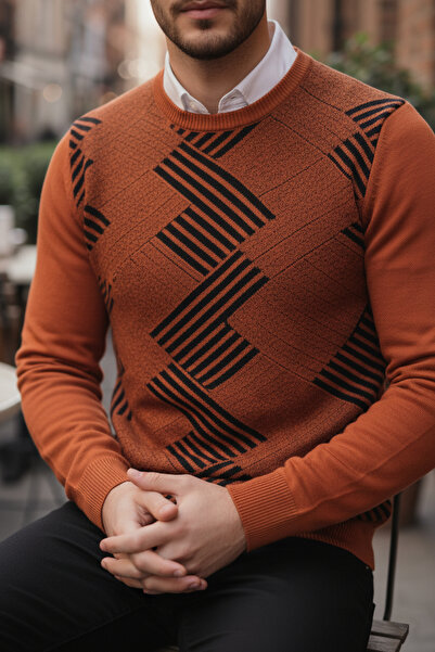 NAZEF Slim Fit Patterned Crew Neck Brick Color Sweater
