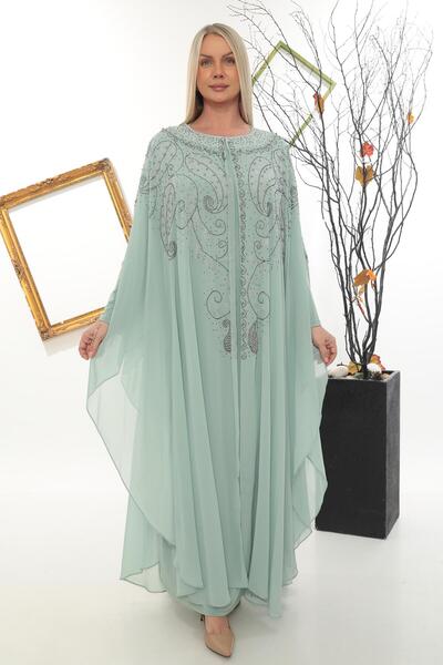 MİSS DİAMOND Stylish Stone Embroidered Mint Mint Abaya Dress