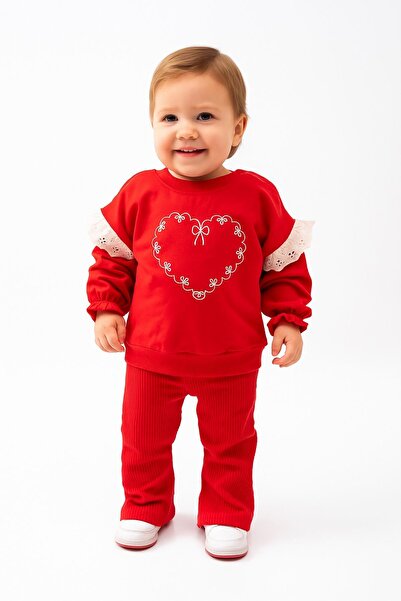 dinamik çocuk Baby Girl Heart Patterned Lace Sleeve Detailed Flared F Corded ...
