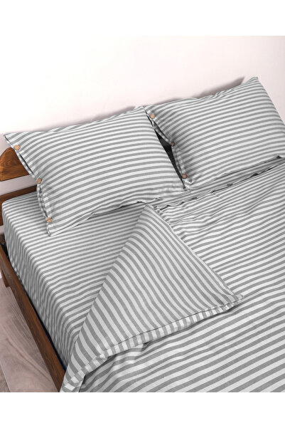 Larispera طقم غطاء لحاف مزدوج من الساتان المخطط والمصبوغ بالخيوط