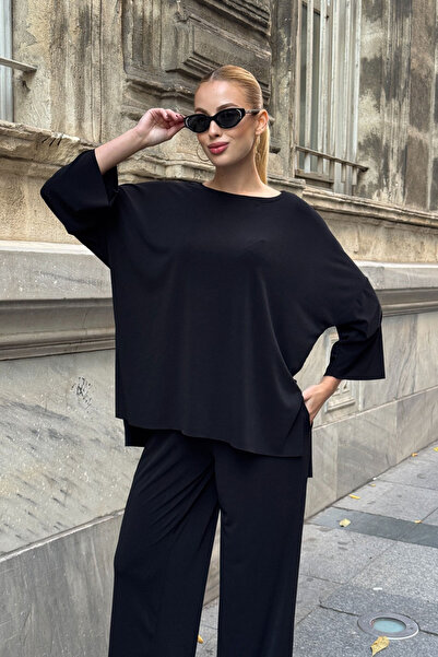 bacc Black Comfortable Fit Crew Neck Blouse and Loose Pants Modal Fabric Bottom Top Set Bcvl-25V233