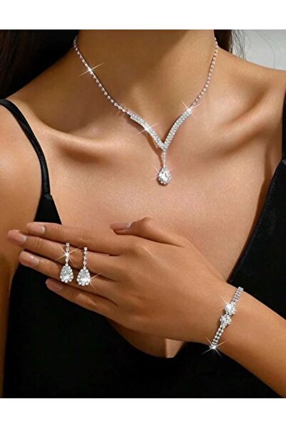 shopidik Eye-Catching V-Cut Necklace Set: Matching Earrings and Bracelet for Engagement and Graduation