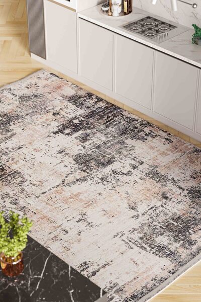 Oriente Home Eskitme Desenli Gri Şönil Makine Halısı Kaymaz Taban Yıkanabilir Mutfak Halısı 7372