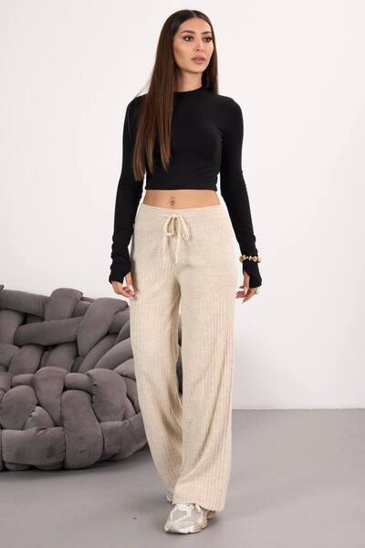 MY DEPO Women's Waist Tie Wide Leg Corded Fabric Knitwear Trousers