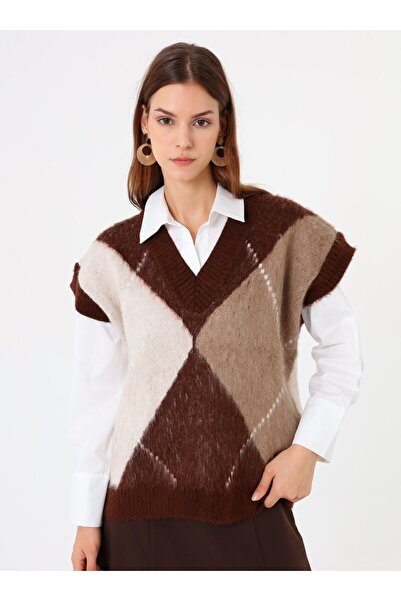 Benin Πουλόβερ με λαιμόκοψη σε σχήμα V με μοτίβο μπακλαβά - Καφέ -
