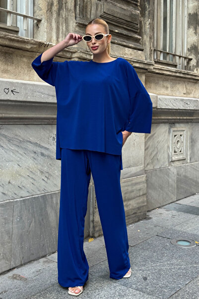 bacc Cobalt Comfortable Fit Crew Neck Blouse and Loose Pants Modal Fabric Bottom Top Set Bcvl-25V233