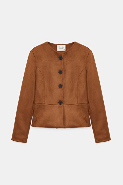 Saade Women's Regular Fit Crew Neck Buttoned Suede Jacket