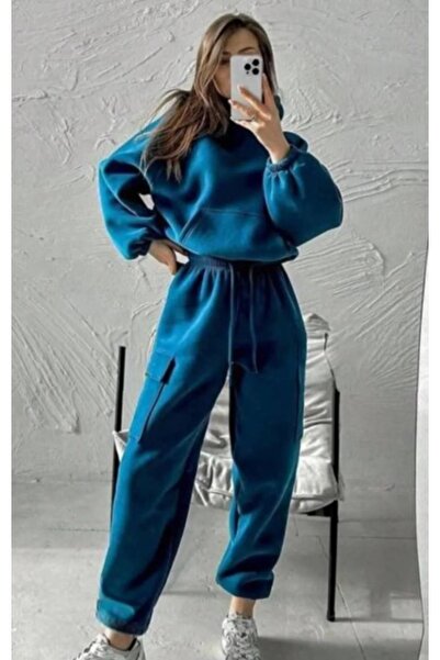 Altamira Women's Petrol Blue Kangaroo Pocket Oversized Pants Set