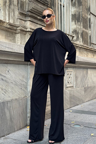 bacc Black Comfortable Fit Crew Neck Blouse and Loose Pants Modal Fabric Bottom Top Set Bcvl-25V233
