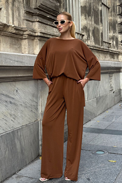 bacc Cinnamon Coffee Comfortable Fit Crew Neck Blouse and Loose Pants Modal Fabric Bottom Top Set Bcvl-25V233