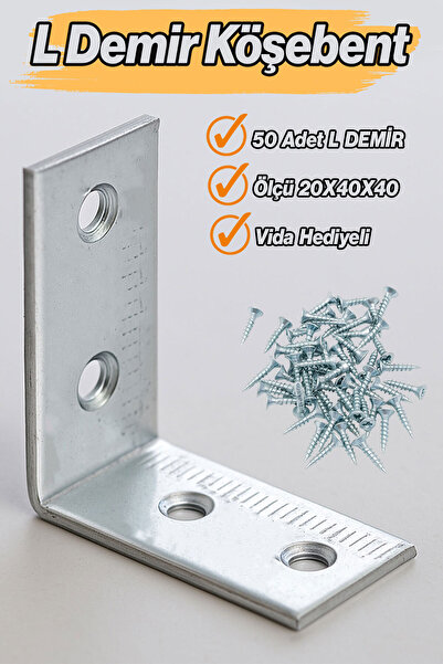 Badem10 Raf Köşe Bağlantı Demiri 20x40x40 mm Metal L Aparat (50 Adet) Dolap M...