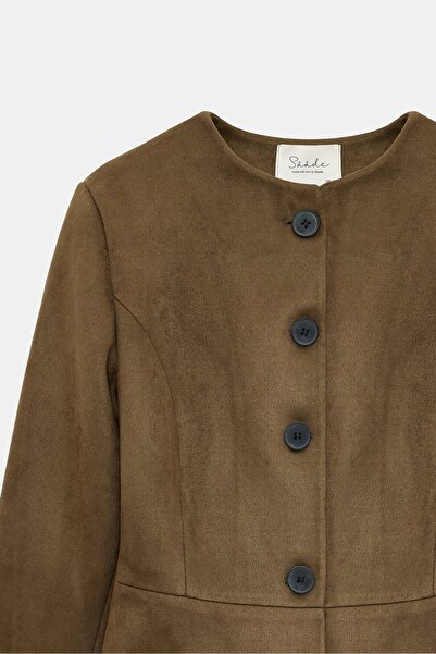 Saade Women's Regular Fit Crew Neck Buttoned Suede Jacket