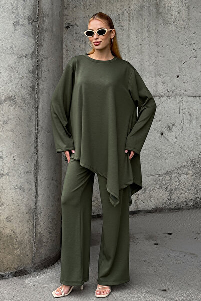 bacc Khaki Comfortable Fit Asymmetric Blouse and Pants Modal Fabric Bottom Top Set Bcvl-25V231