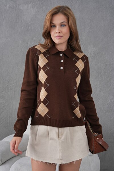 Miss Allos Women's Buttoned Front Diamond Pattern Knit Sweater