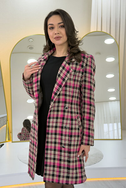 thezkscom Pink Plaid Buttoned Double-Breasted Cashmere Coat