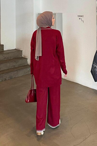 lamelif Κορδέλα Λεπτομερές Πλεκτό Σετ Βουργουνδίας