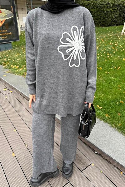 lamelif Floral Detailed Knitwear Set Smoked