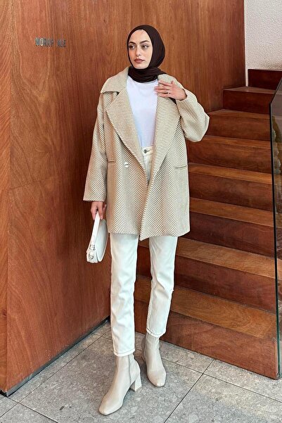 lamelif Zigzag Pattern Herringbone Coat Stone