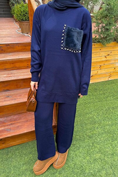 lamelif Plush Pocket Knitwear Set Navy Blue