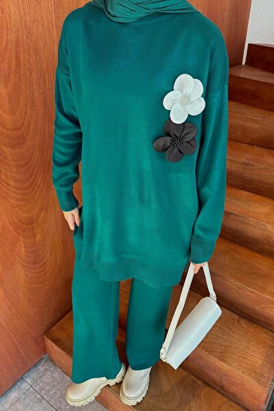 lamelif Set de tricotaje cu accesorii florale verde smarald