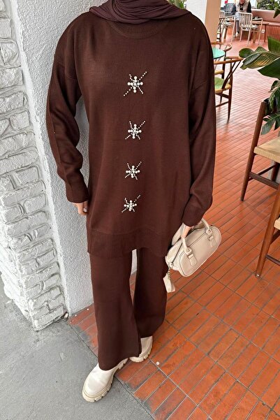 lamelif Pearl Embroidered Hijab Set Bitter Brown