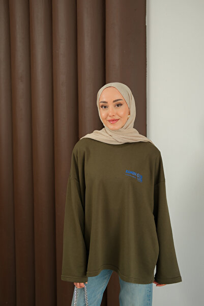 LOCCO Women's Front and Back Text Printed Sweat Khaki Green