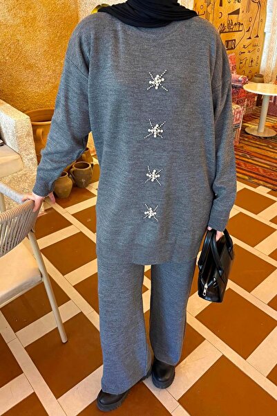 lamelif Pearl Embroidered Hijab Set Smoked