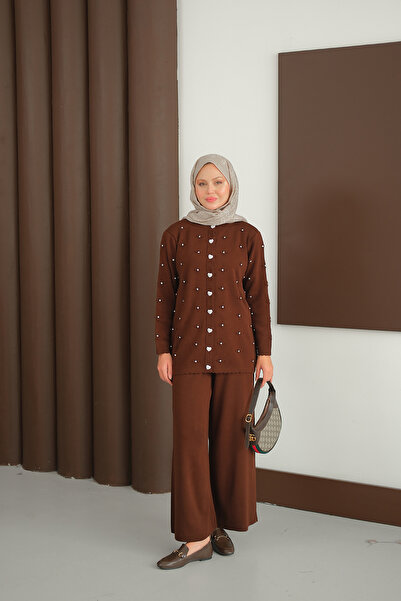 LOCCO Women's Heart Button Detail Knitwear Set Brown