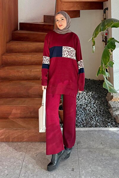 lamelif Patterned Knitwear Set Claret Red