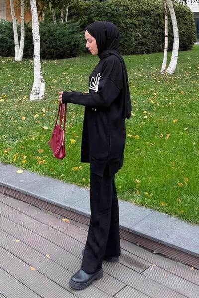 lamelif Floral Detailed Knitwear Set Black