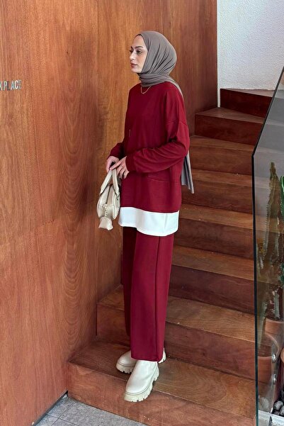 lamelif Paneled Sets of Burgundy with Zipper